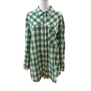 NEW Women's Large 100% Cotton Teal Blue Plaid Button-Up Beachy Preppy Blouse